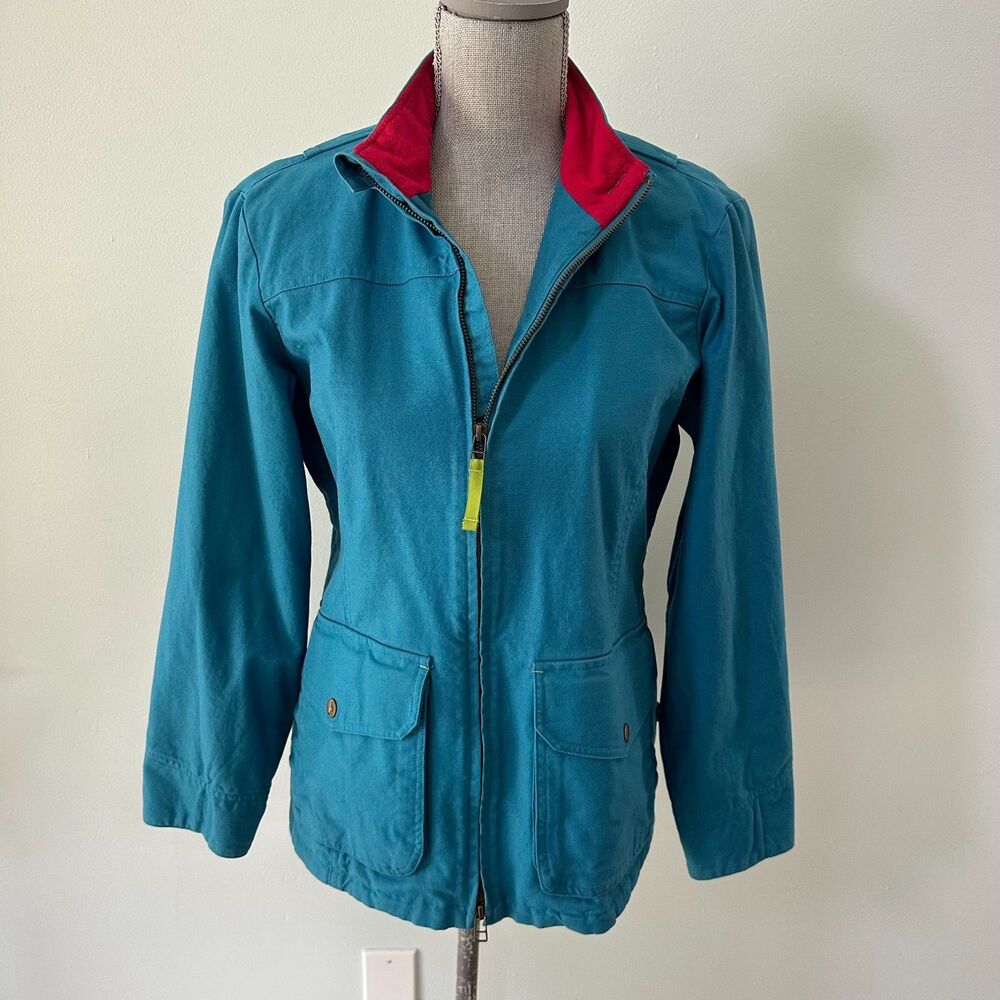Teal Blue Canvas Utility Jacket Fleece Lined Stand Collar Field Coat Womens S